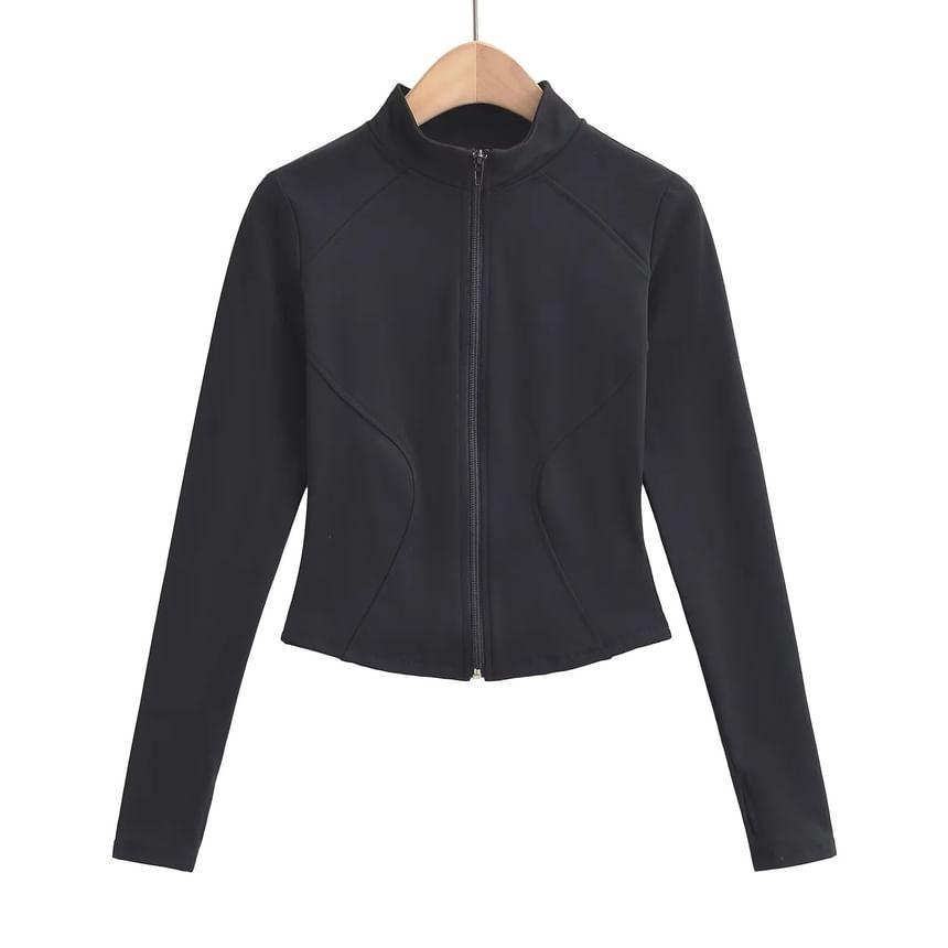 Long-Sleeve High Neck Zip-Up Crop Top Product Image