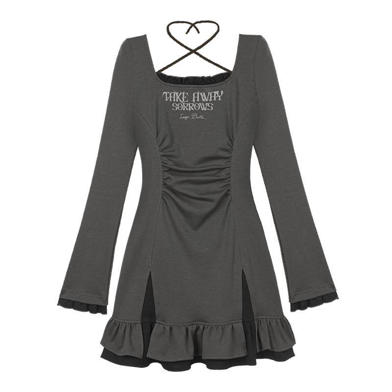 Long-Sleeve Halter-Neck Lettering Shirred Mini A-Line Dress Product Image