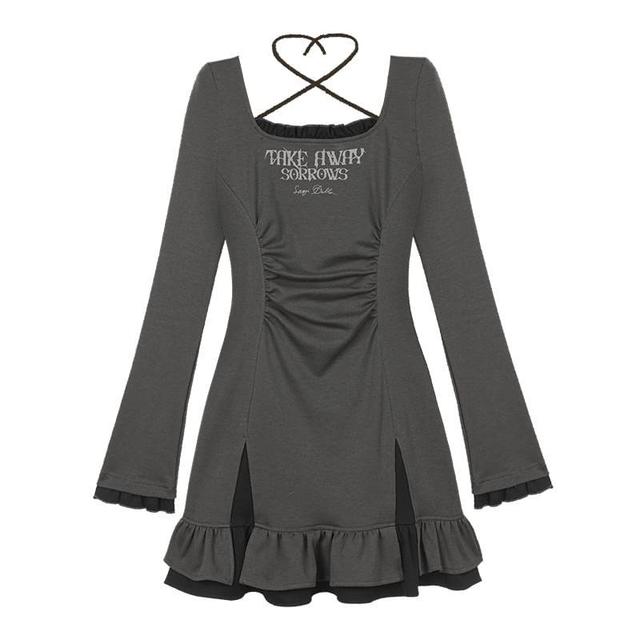 Long-Sleeve Halter-Neck Lettering Shirred Mini A-Line Dress Product Image