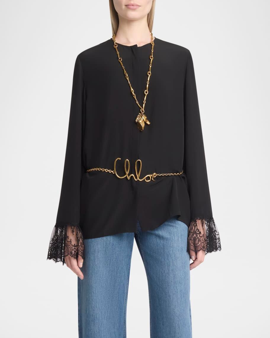 Button Down Crepe De Chine Top with Lace Sleeves Product Image