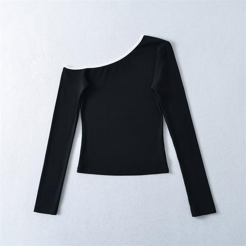 Long Sleeve One Shoulder Contrast Trim Top Product Image