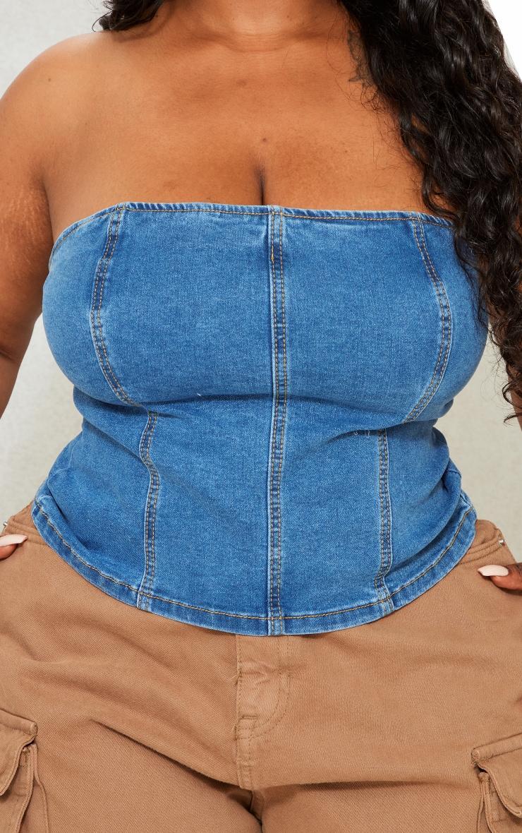 Plus Mid Blue Wash Seam Detail Stretch Denim Corset Product Image