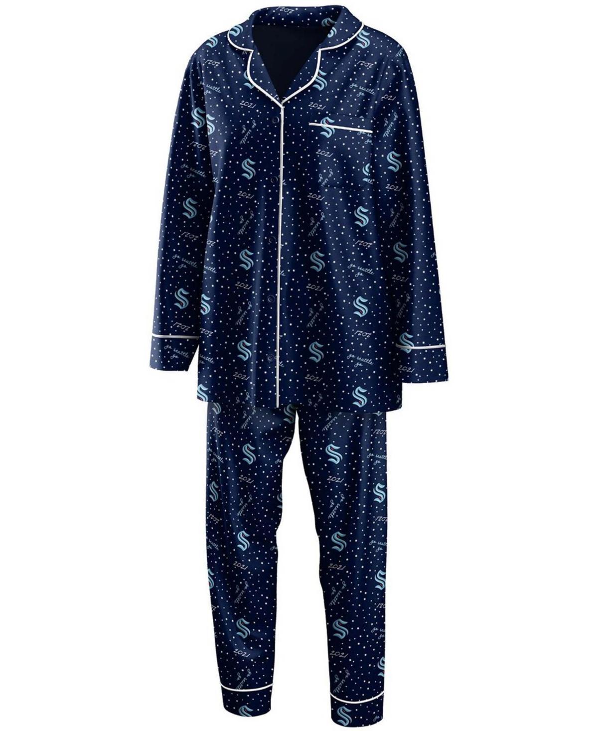 Womens WEAR by Erin Andrews Deep Sea Blue Seattle Kraken Long Sleeve Button-Up Shirt & Pants Sleep Set Product Image