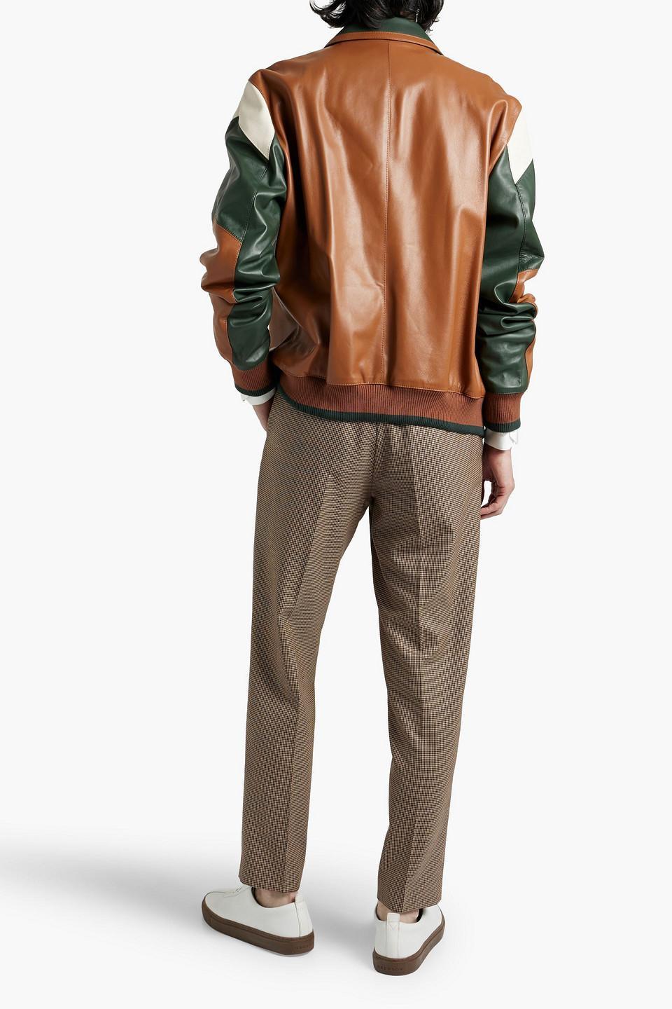 Color-block Leather Bomber Jacket In Tan Product Image