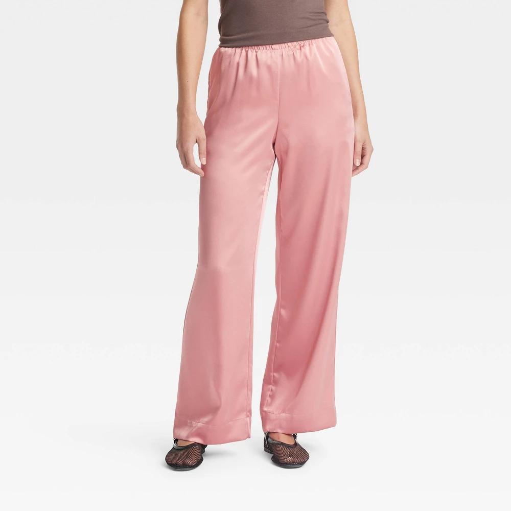 Womens Mid-Rise Straight Leg Satin Pull-On Pants - A New Day M Long Product Image