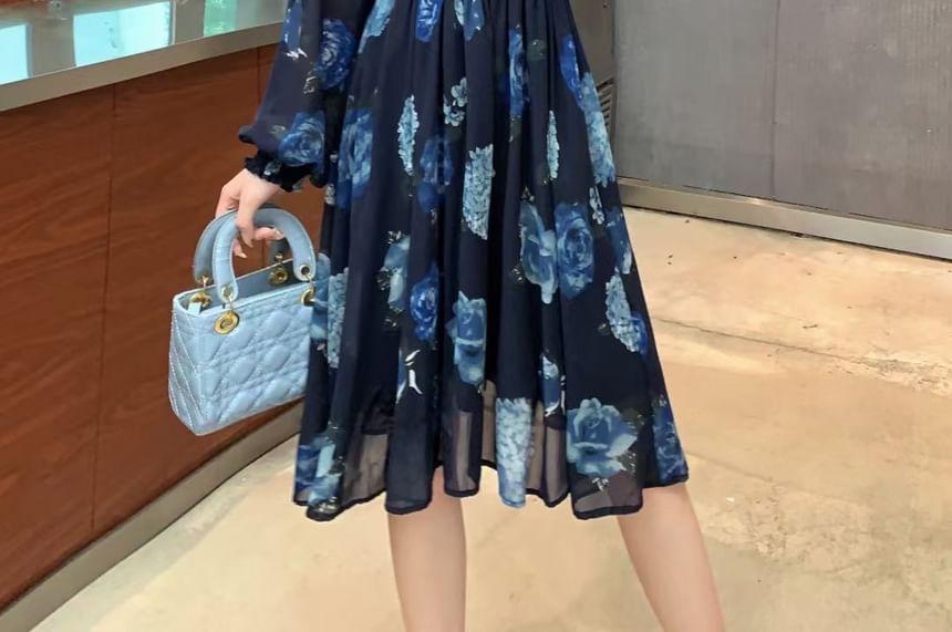 Puff-Sleeve Floral A-Line Dress Product Image