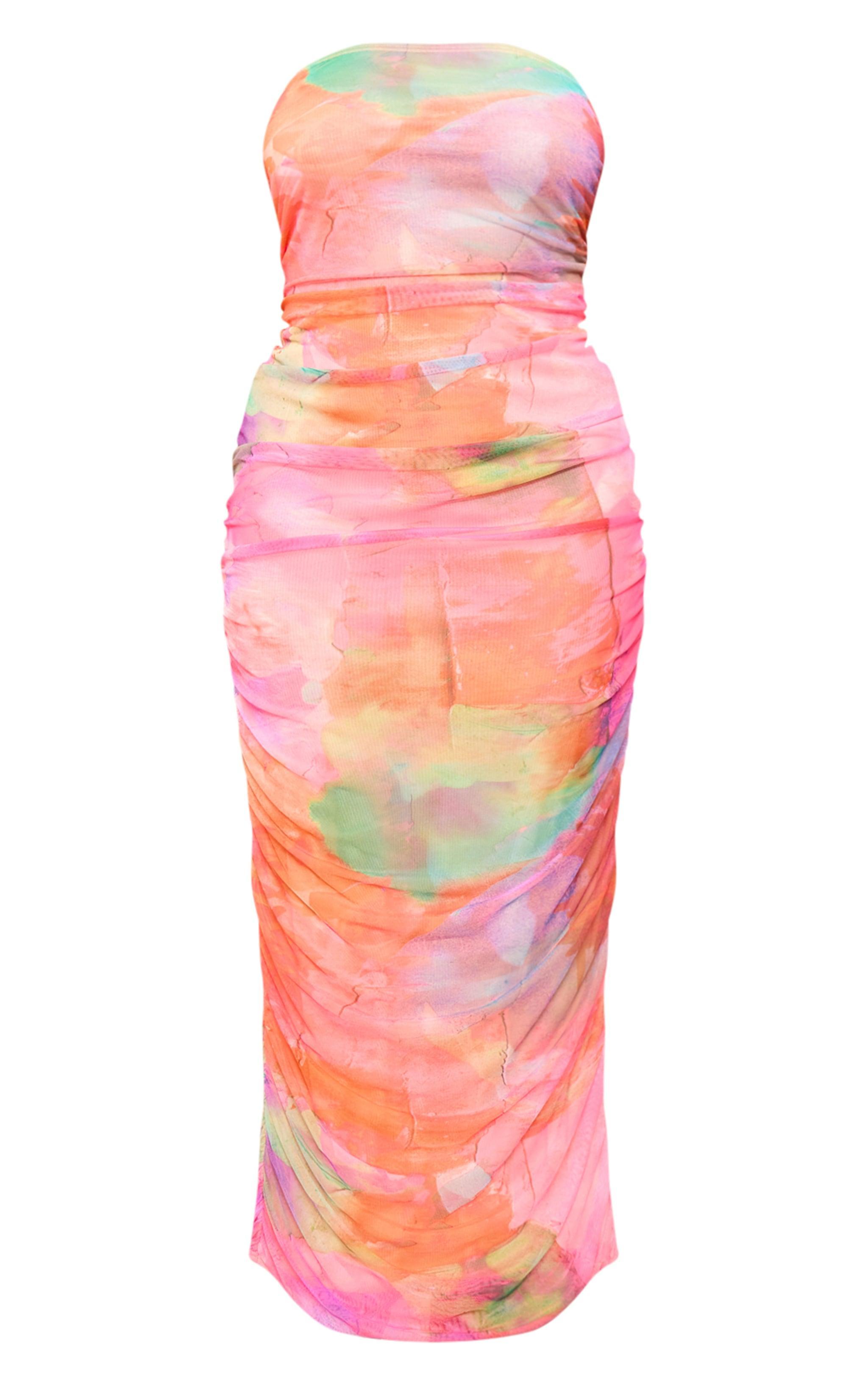 Plus Multi Printed Mesh Bandeau Ruched Maxi Dress Product Image