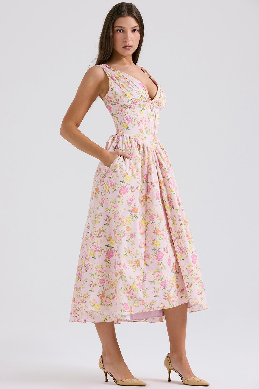 Emmelina Pink Meadow Print Cotton Corset Sundress Product Image