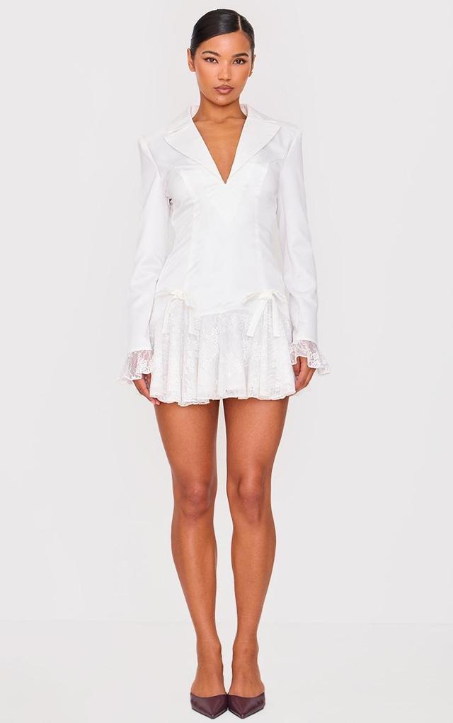 White Satin Lace Trim Bow Blazer Dress Product Image