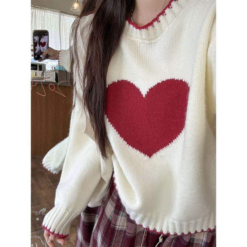 Crew Neck Heart Jacquard Sweater Product Image