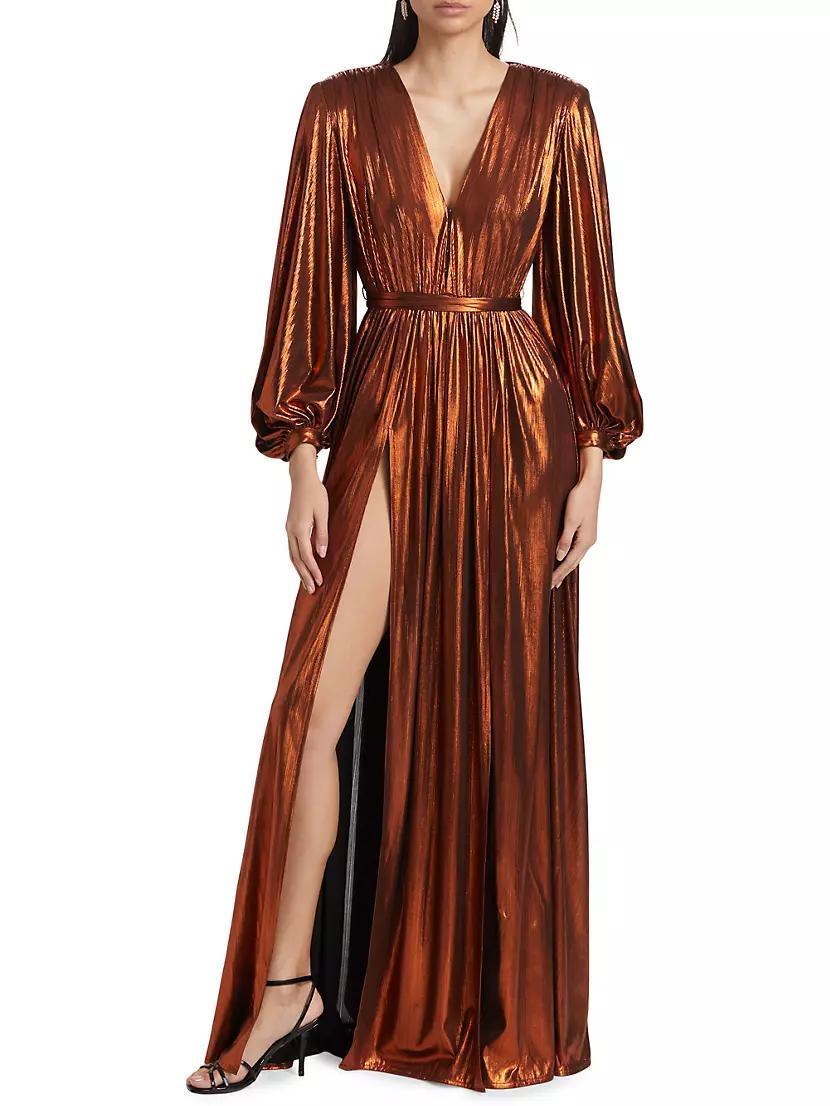 Zoe Metallic Blouson-Sleeve Gown Product Image