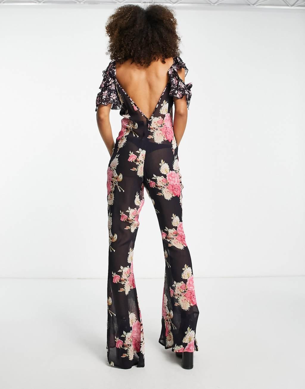 ASOS DESIGN ruffle sleeve jumpsuit in vintage floral  Product Image