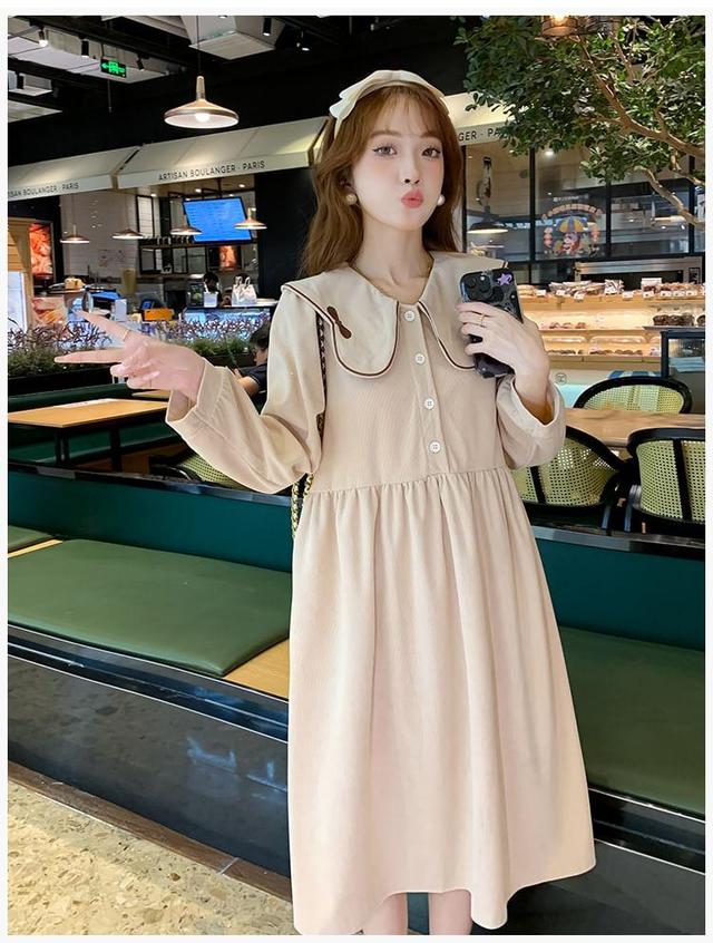 Maternity Long-Sleeve Collar Bow Embroidered Midi Smock Dress Product Image