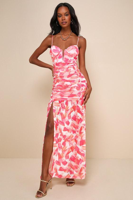 Vivid Appeal Pink Multi Print Ruched Bustier Mermaid Maxi Dress Product Image