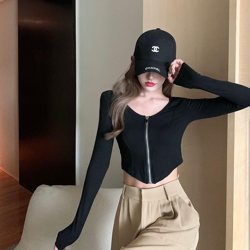 Long-Sleeve Round Neck Plain Zip-Up Crop Tee Product Image