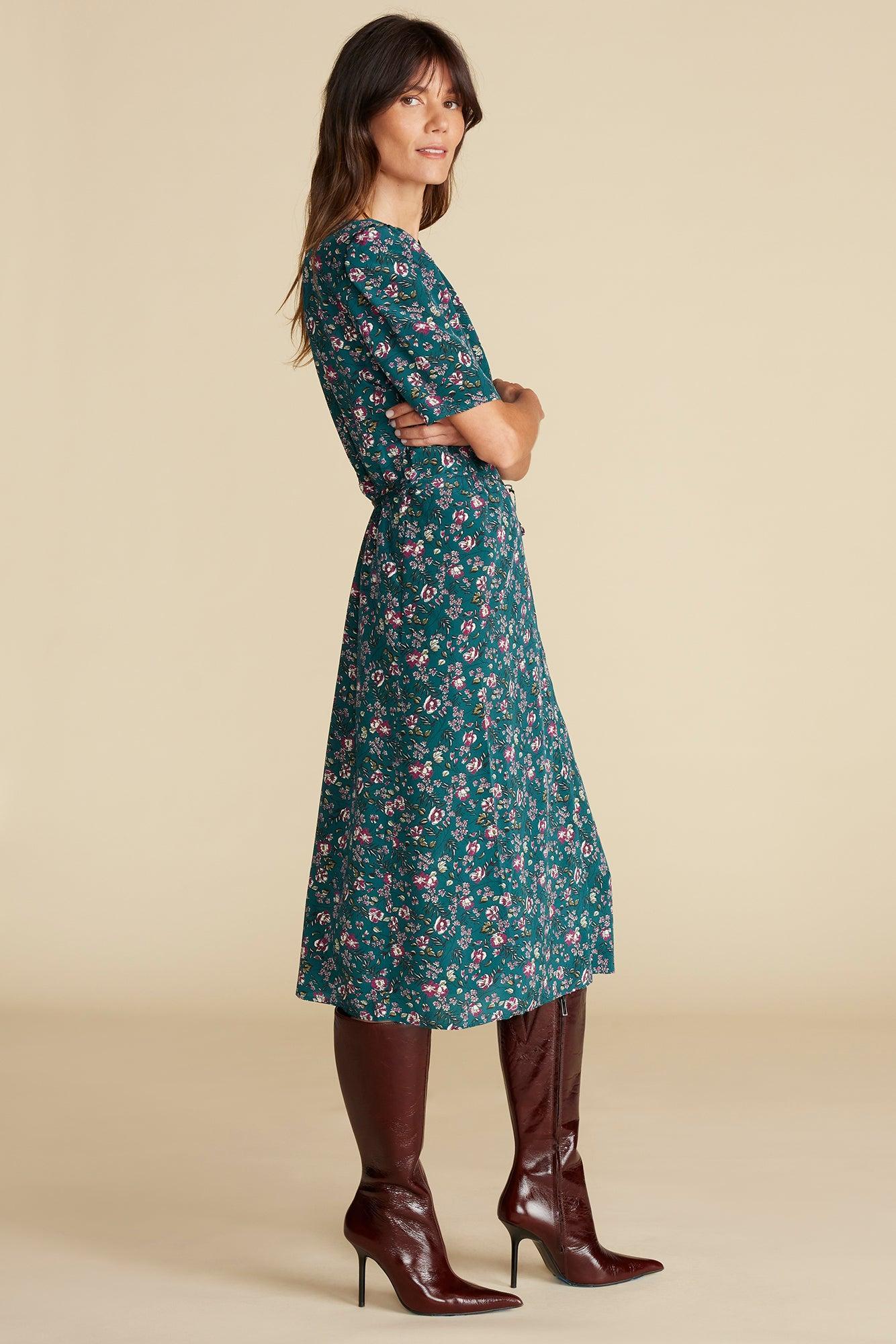 Nicolette Washable Silk Dress - Chloe Green Floral Print Product Image