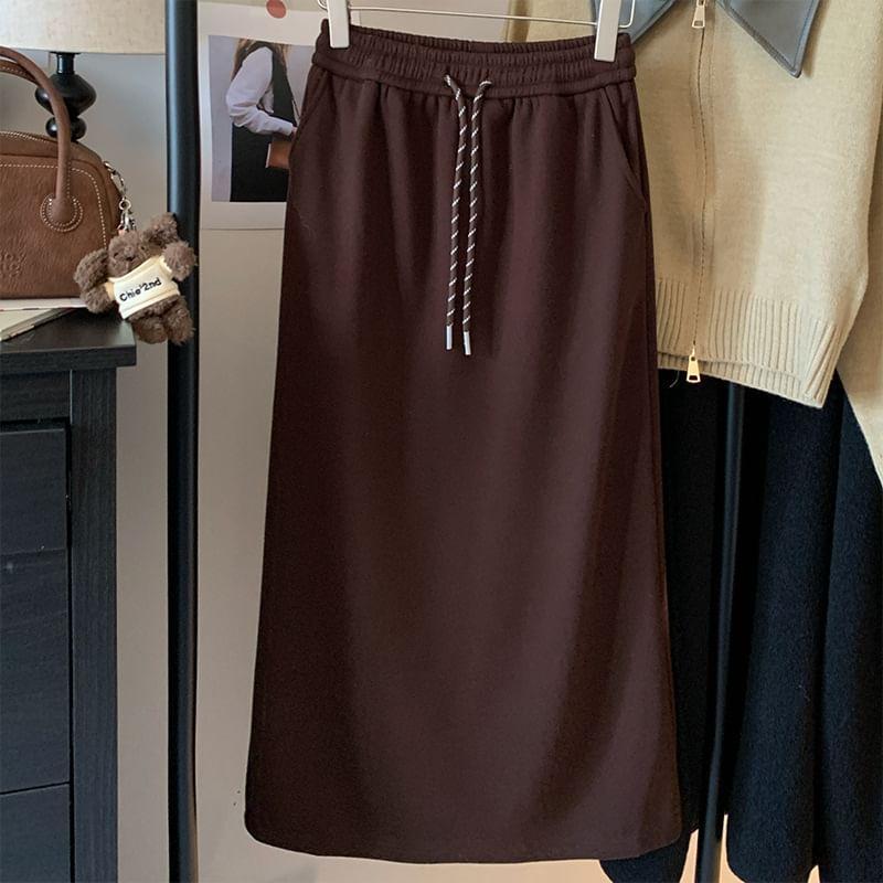 High-Rise Drawstring Plain Midi Skirt Product Image