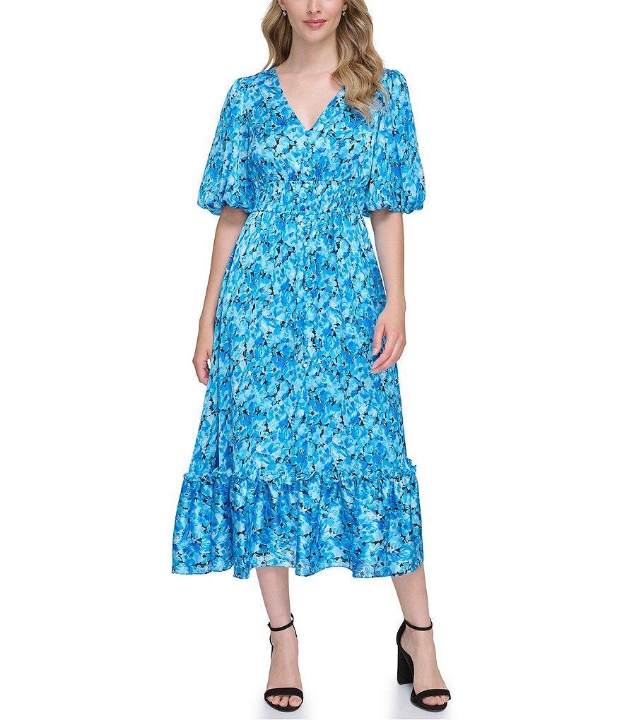 Kensie Floral Print V-Neck Short Puffed Sleeve Flounce Hem Maxi Dress Product Image