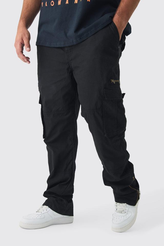 Mens Plus Slim Flare Zip Gusset Overdye Acid Wash Cargo Trouser In Black, Black Product Image