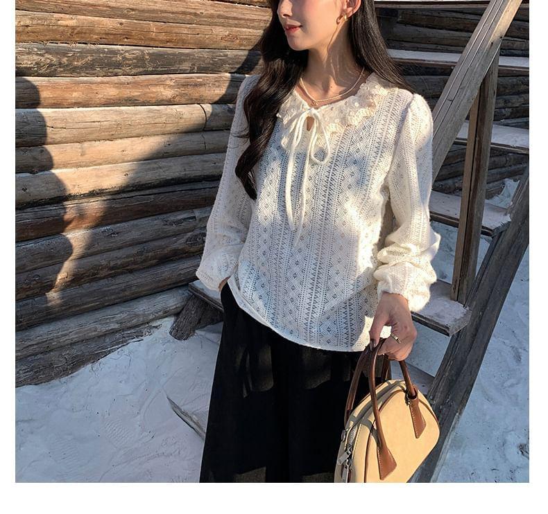 Long-Sleeve V-Neck Lace Top Product Image