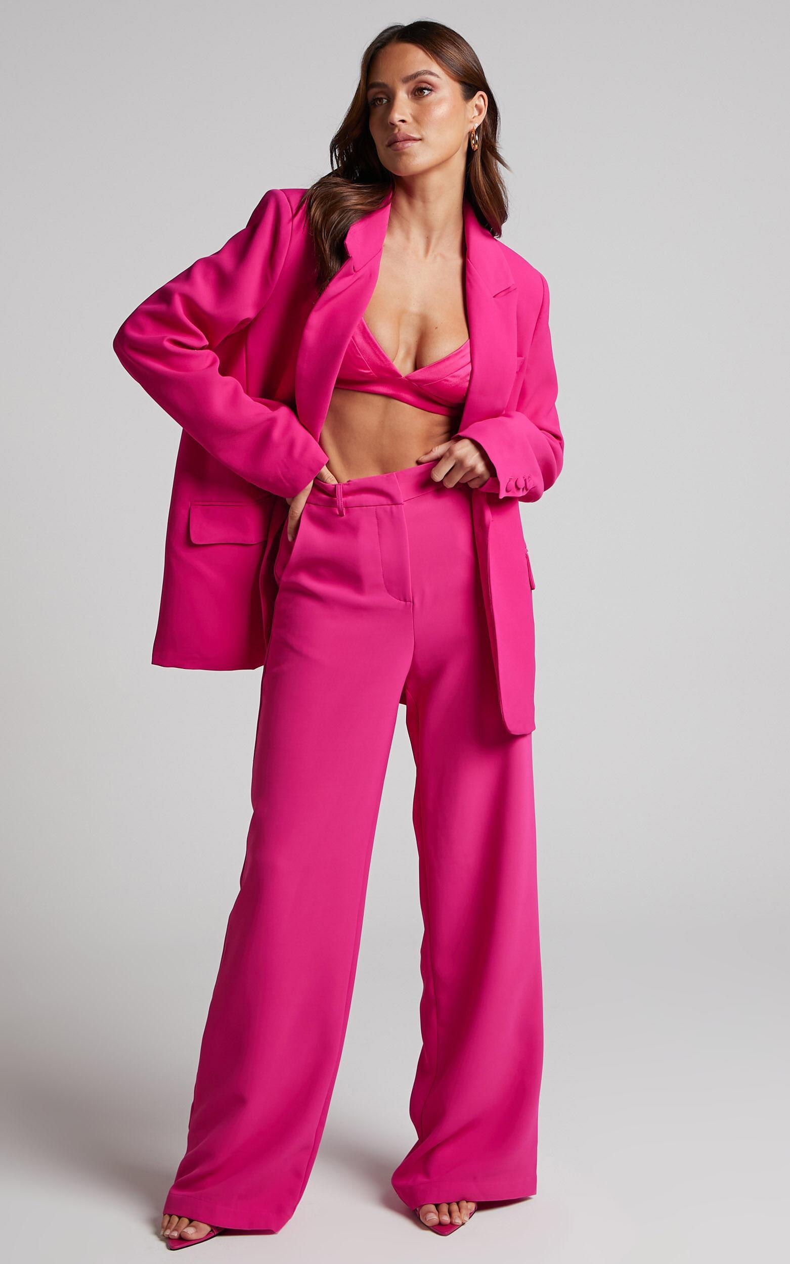 Michelle Blazer - Oversized Plunge Neck Button Up Blazer in Pink Product Image