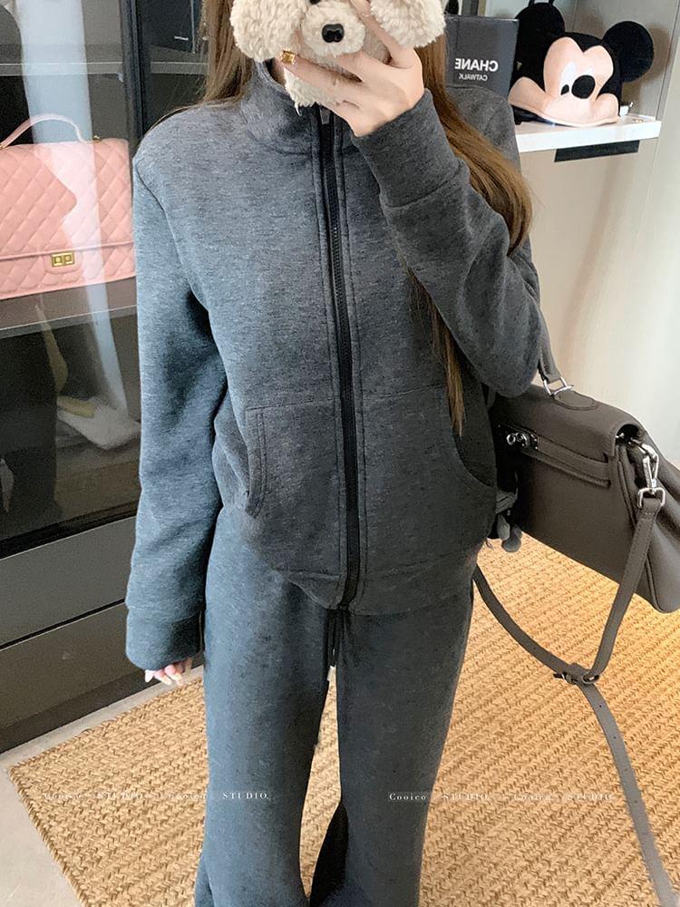 Stand Collar Zip Jacket / Drawstring Waist Wide Leg Sweatpants Product Image