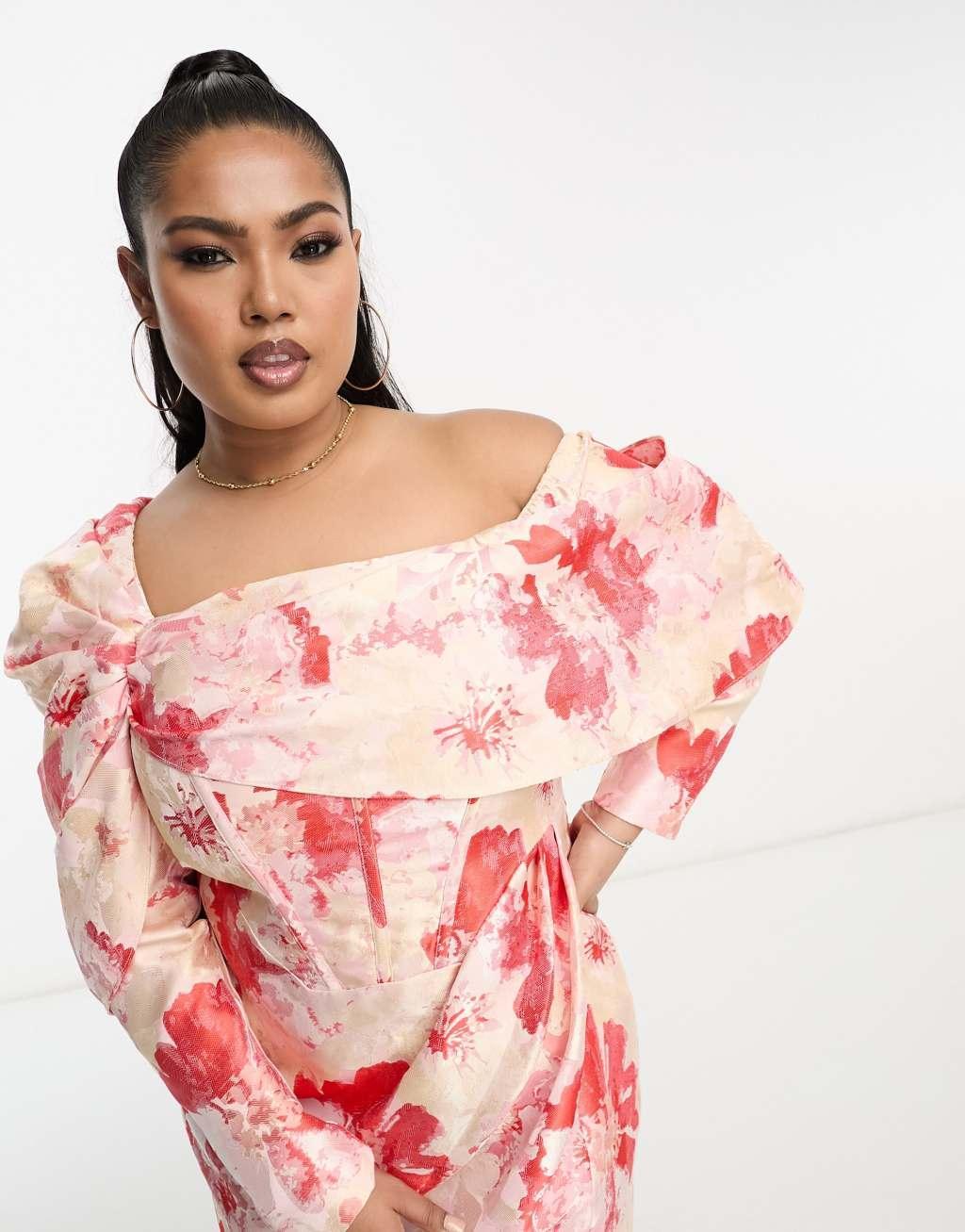 ASOS LUXE Curve fallen shoulder jacquard wrap mini dress in floral print Product Image