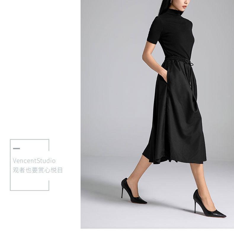 Drawstring Waist Plain Midi A-Line Skirt Product Image