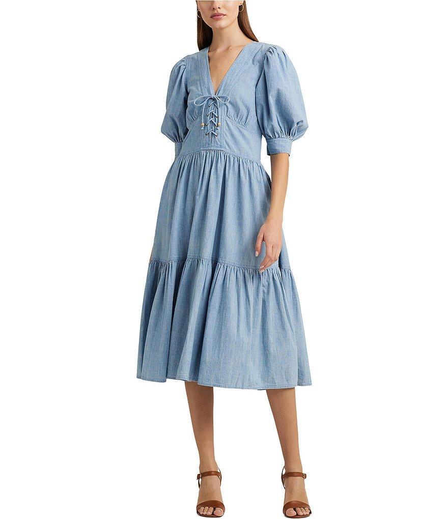 Lauren Ralph Lauren Soft Cotton Deep V-Neck Elbow Puff Sleeve Fit & Flare Tiered Chambray Midi Dress Product Image