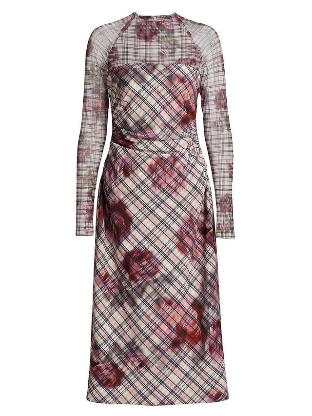 Womens Edith Floral & Plaid Mesh Long-Sleeve Midi-Dress Product Image