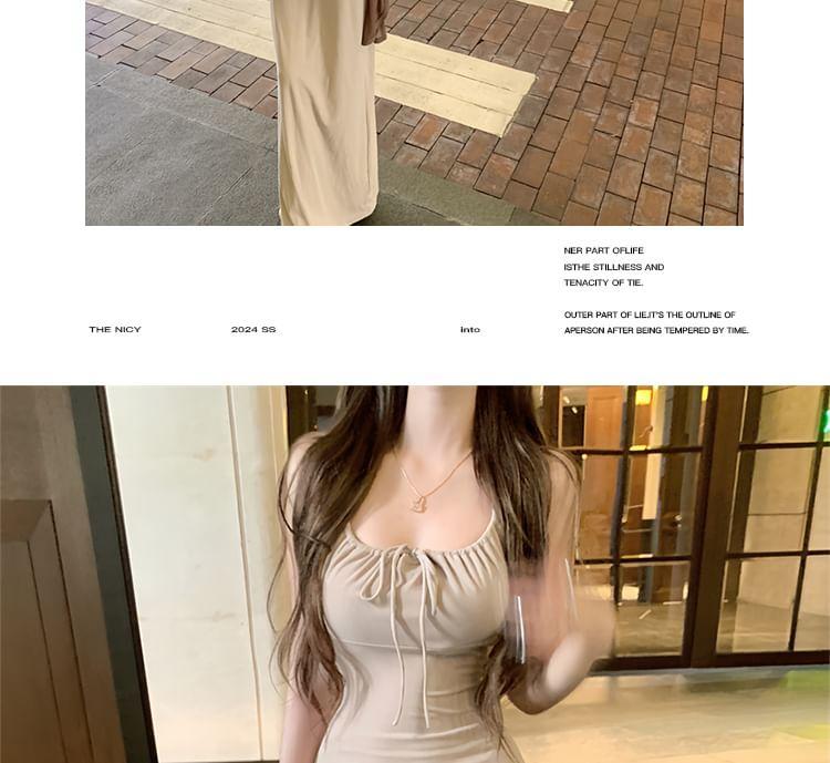 Spaghetti Strap Plain Tie Front Maxi Sheath Dress / Plain Cardigan Product Image