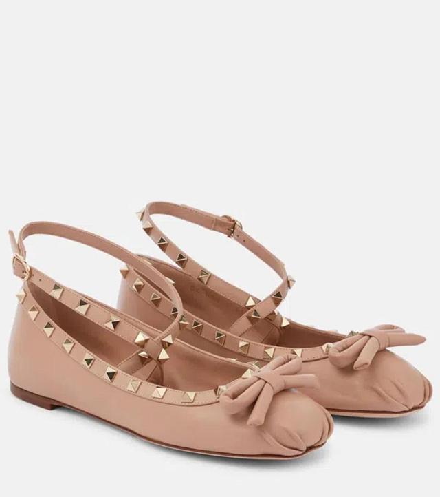 Rockstud Satin Ballerina Flats In Beige Product Image