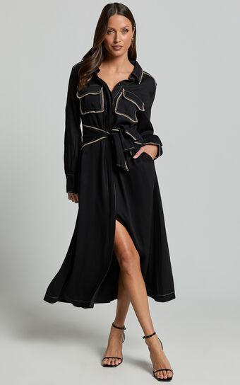 Ally Midi Dress - Collared Button Through Long Sleeve Tie Dress in Black Product Image