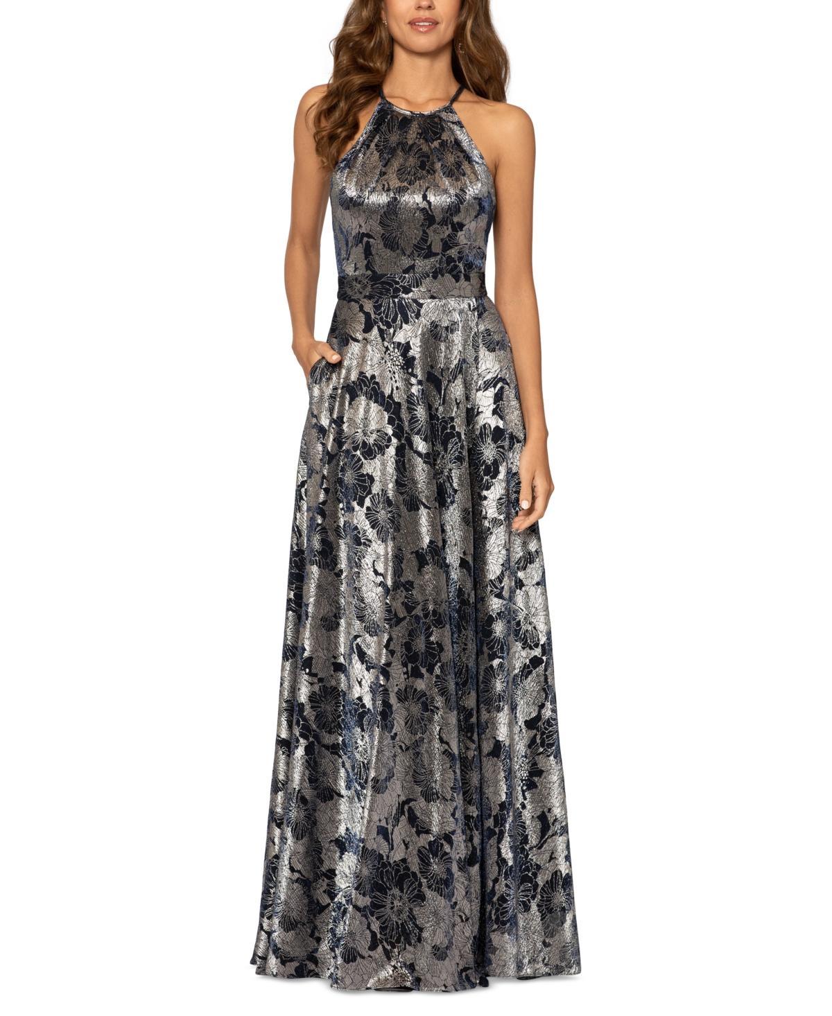 Betsy & Adam Metallic Floral Halter Top Gown Product Image