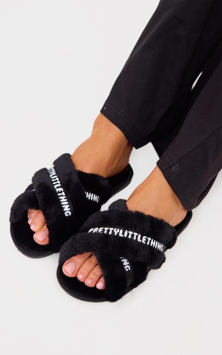 PRETTYLITTLETHING Black Logo Tape Cross Over Slippers Product Image