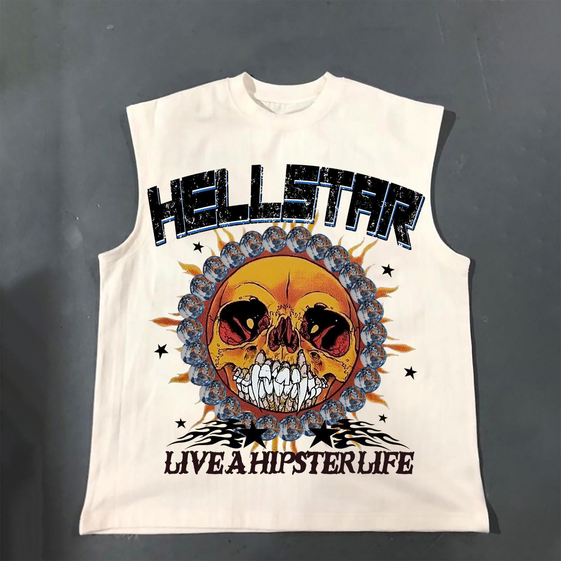 Hellstar Skull Smile Face Earth Print Cotton Sleeveless Tank Top Product Image