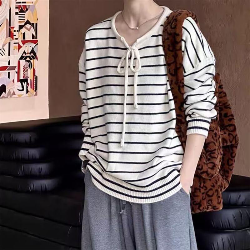 Long Sleeve Tie Neck Striped Knit Top Product Image