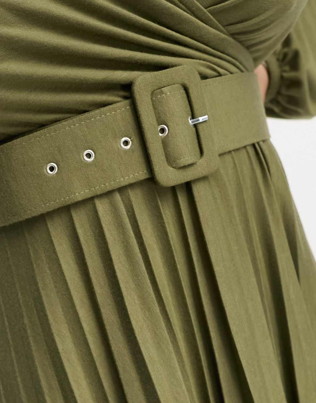 ASOS DESIGN Curve wrap front midi dress with pleat skirt and belt in khaki  Product Image