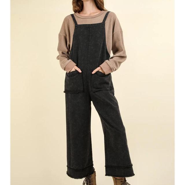 Black Washed Cotton Twill Solid Overalls Jumpsuit Product Image