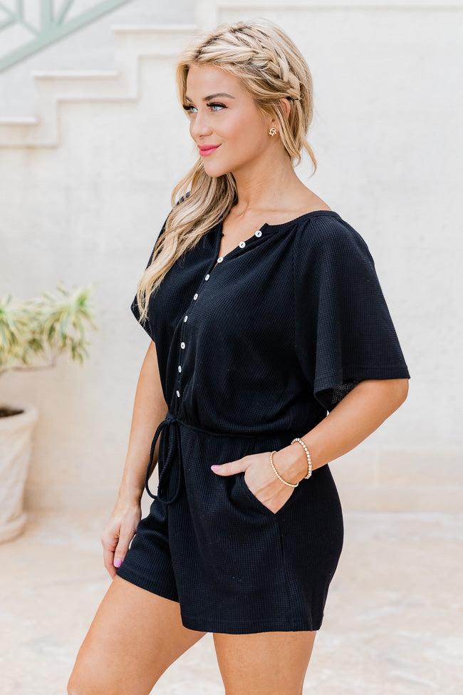 Chase The High Black Waffle Knit Button Up Romper FINAL SALE Product Image