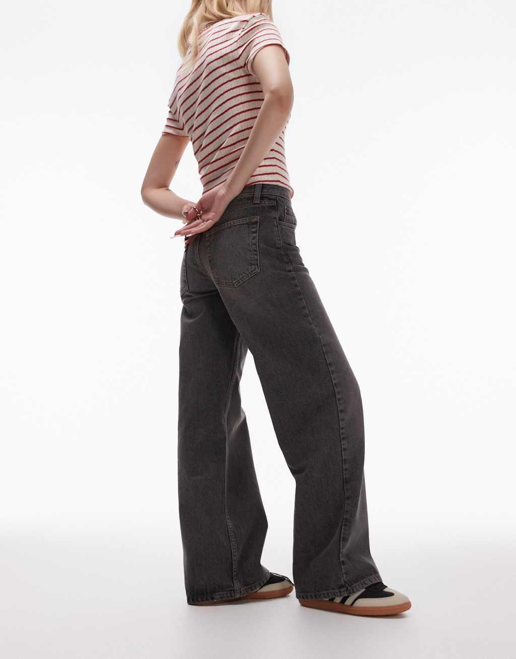 Topshop Petite Ember low rise wide leg jeans in dark vintage gray Product Image