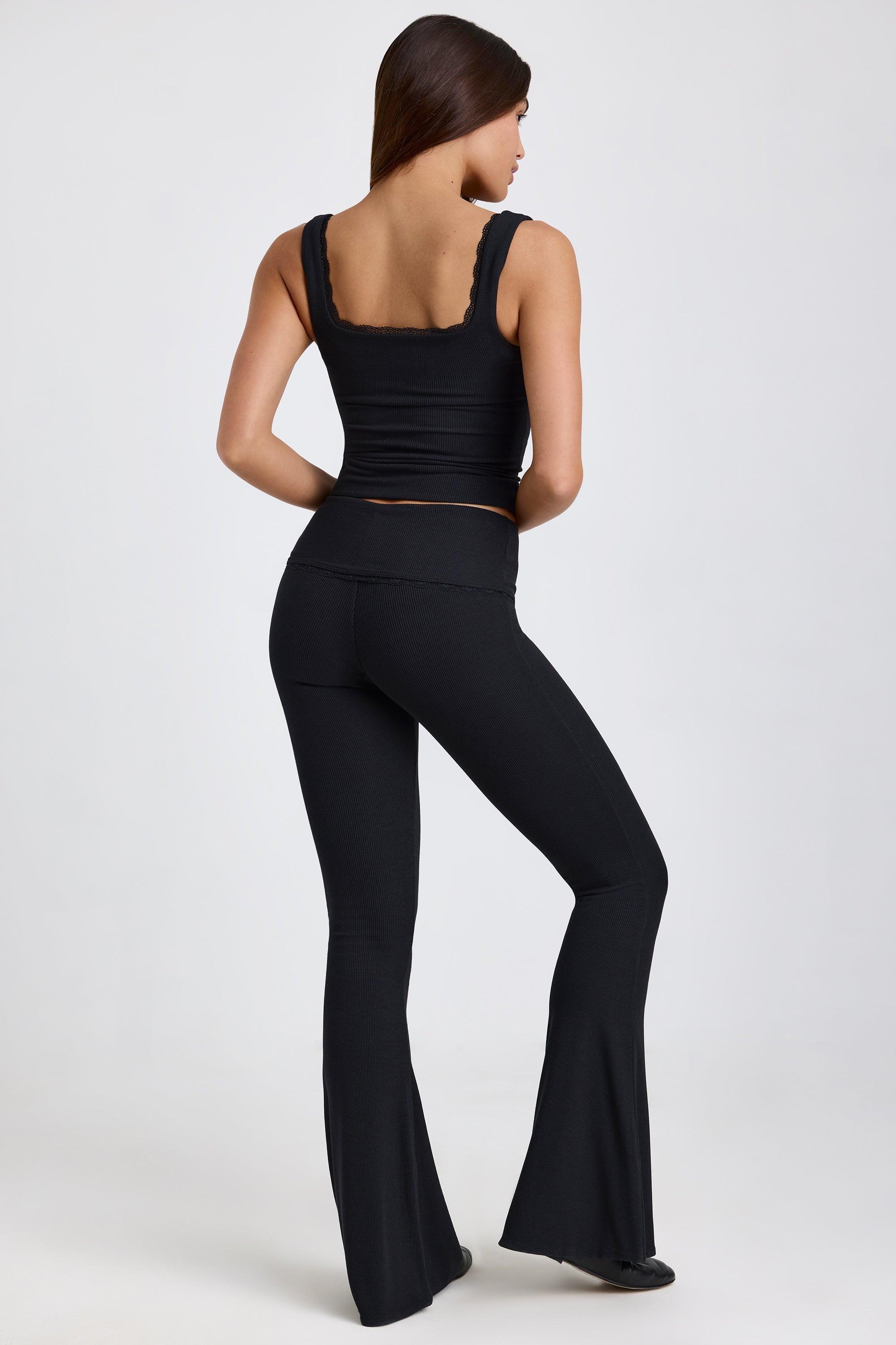 Ribbed Modal Mid-Rise Foldover Flared Trousers in Black product image