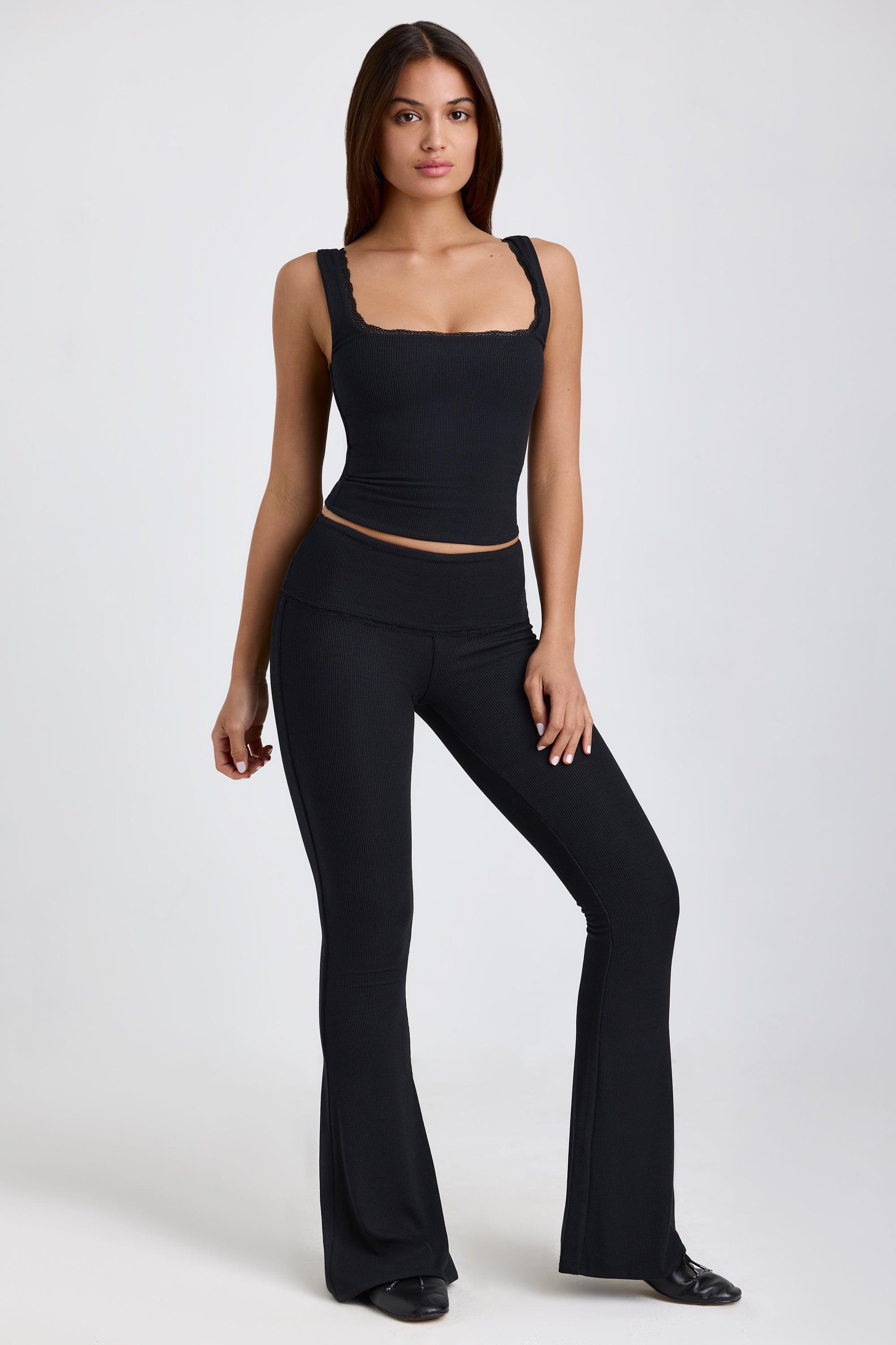 Petite Ribbed Modal Mid-Rise Foldover Flared Trousers in Black Product Image