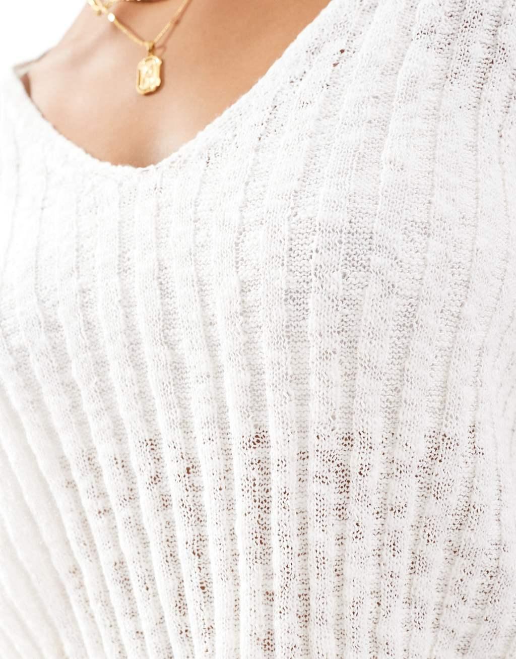 Mango open weave v neck sweater in white Product Image