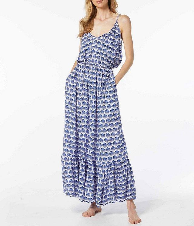 kate spade new york Shell Print Scoop Neck Sleeveless Spaghetti Strap Tiered Hem Pocketed Maxi Swim Cover-Up Dress Product Image