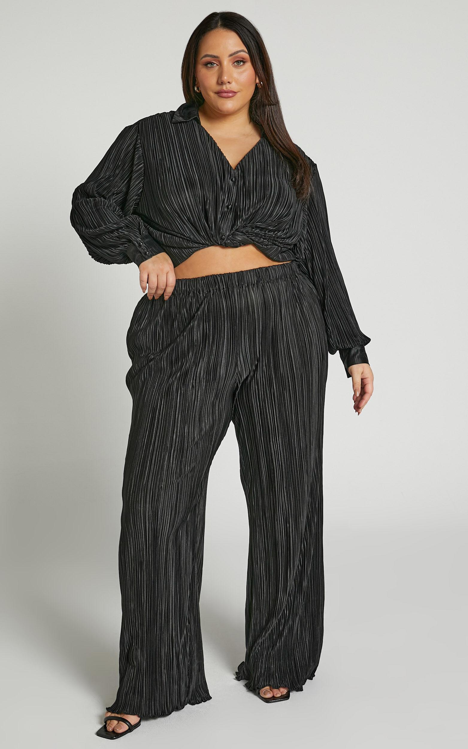 Beca Pants - High Waisted Plisse Flared Pants in Black Product Image