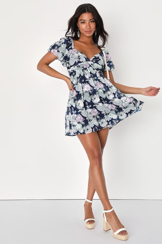 Fresh Florals Navy Blue Floral Print Puff Sleeve Mini Dress Product Image