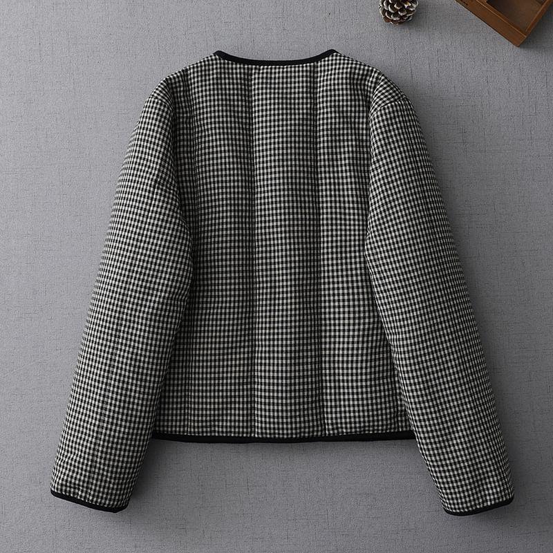 V-Neck Plaid Padded Button Jacket Product Image