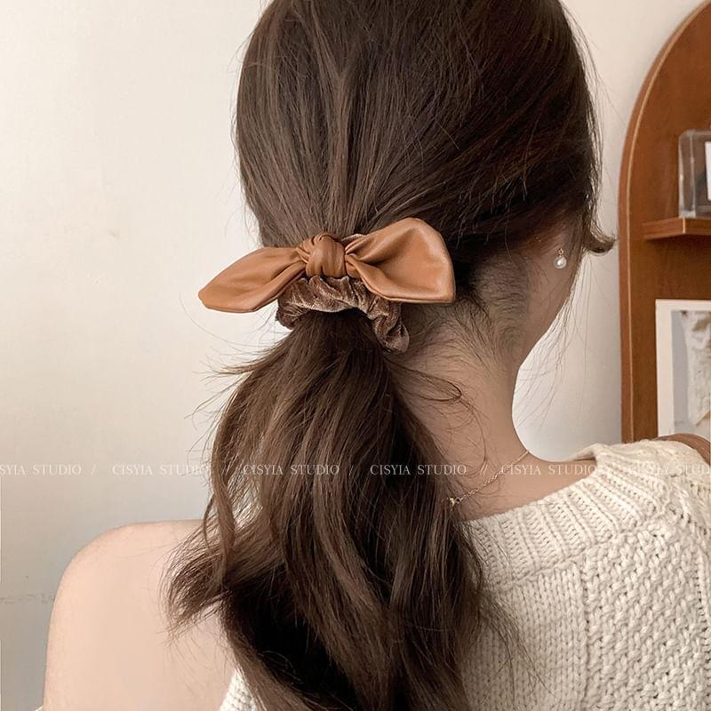 Bow Faux Leather Velvet Scrunchie Product Image