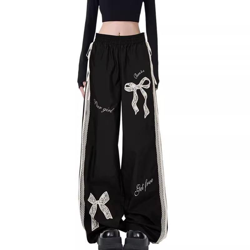 High Waist Bow Print Loose-Fit Wide-Leg Sweatpants Product Image